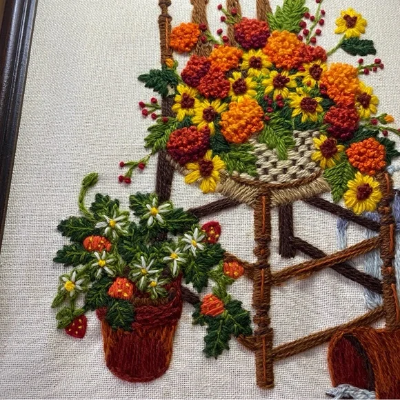 Vintage Crewel Floral Embroidered Art with Wooden Frame - Picture 3 of 7